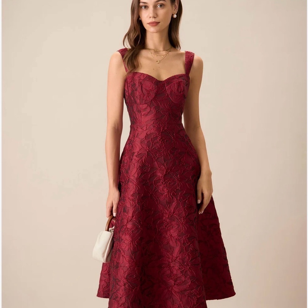 Rihoas Red Sweetheart Neck Jacquard Midi Dress